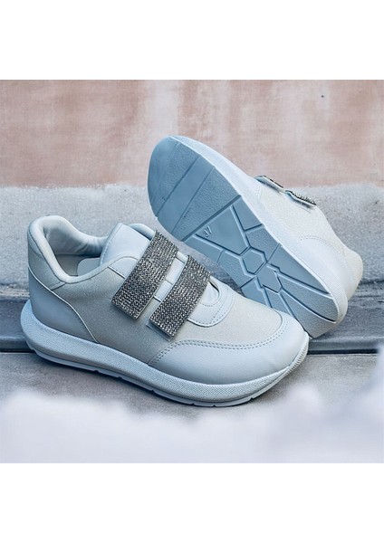 Taşlı Simli Düz Beyaz ve Siyah Cırtlı Ortopedik Bayan Spor Sneakers Ayakkabı modelleri