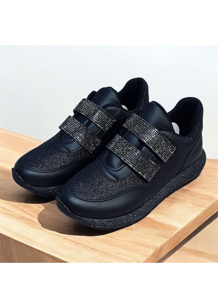 Taşlı Simli Düz Beyaz ve Siyah Cırtlı Ortopedik Bayan Spor Sneakers Ayakkabı