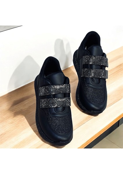 Taşlı Simli Düz Beyaz ve Siyah Cırtlı Ortopedik Bayan Spor Sneakers Ayakkabı fiyatları
