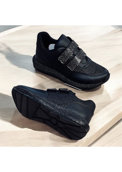 Taşlı Simli Düz Beyaz ve Siyah Cırtlı Ortopedik Bayan Spor Sneakers Ayakkabı modelleri