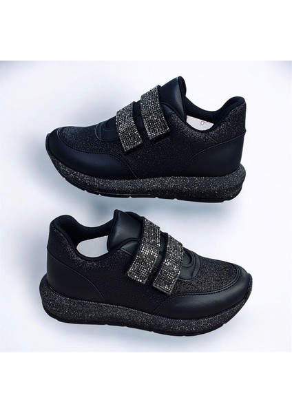 Taşlı Simli Düz Beyaz ve Siyah Cırtlı Ortopedik Bayan Spor Sneakers Ayakkabı fırsatları