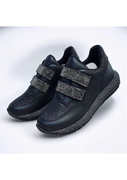 Taşlı Simli Düz Beyaz ve Siyah Cırtlı Ortopedik Bayan Spor Sneakers Ayakkabı indirimleri
