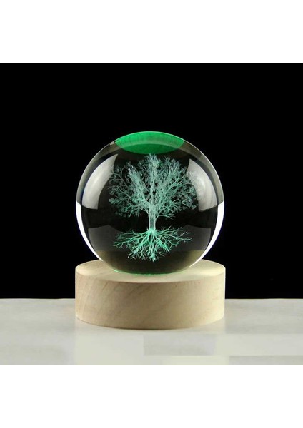 Büro Ev Hediyesi Için 8 cm Işıklı Ahşap Altlıklı Ağaç Motif Cam Küre
