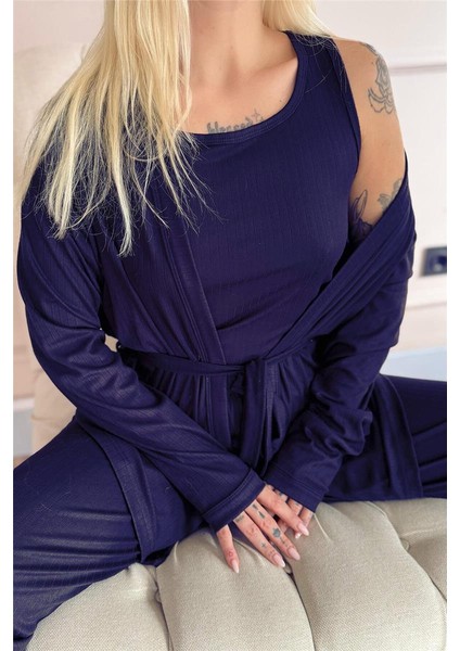 Lacivert Dublin Sabahlıklı Kadın Pijama Takımı modelleri