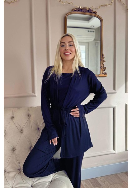 Lacivert Dublin Sabahlıklı Kadın Pijama Takımı fırsatları