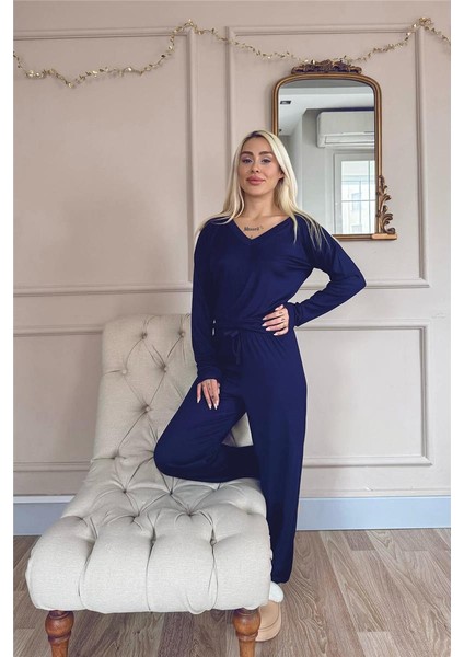 Lacivert Dublin Uzun Kollu V Yaka Kadın Pijama Takımı indirimleri