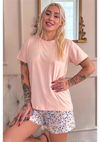 Şeftali Good Times Desenli Kısa Kollu Şortlu Örme Kadın Pijama Takımı