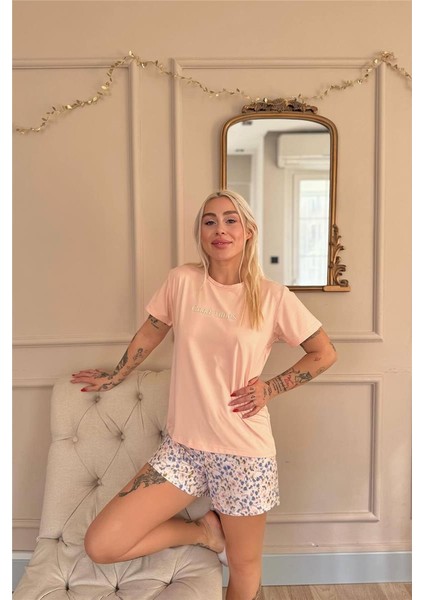 Şeftali Good Times Desenli Kısa Kollu Şortlu Örme Kadın Pijama Takımı modelleri
