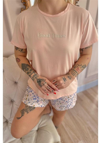 Şeftali Good Times Desenli Kısa Kollu Şortlu Örme Kadın Pijama Takımı indirimleri
