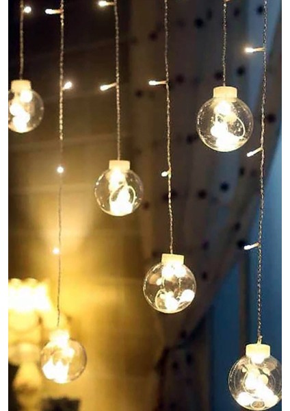 Işıklı Top Perde Led: Fişli, Animasyonlu, 12 Saçak, Ampul, 3 Metre