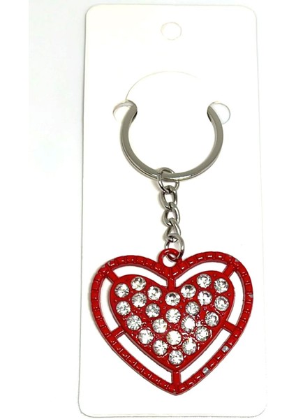 Metal Kırmızı Kalp Üzerinde Kristal Taşlar İle Dizayn Edilmiş Sevgili Anahtarlığı 2 Adet Anahtarlık