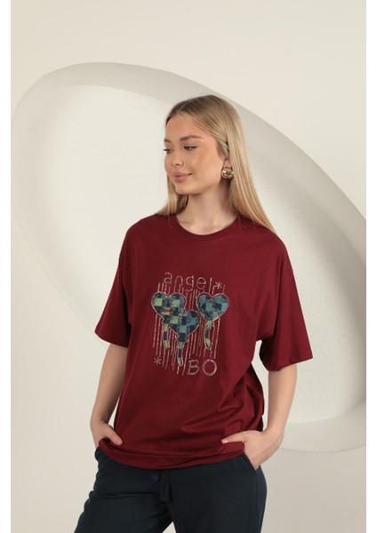 Süprem Kumaş Taş Baskılı Kadın Tişört-Bordo modelleri