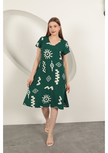 Viskon Kumaş Etnik Elbise-Yeşil