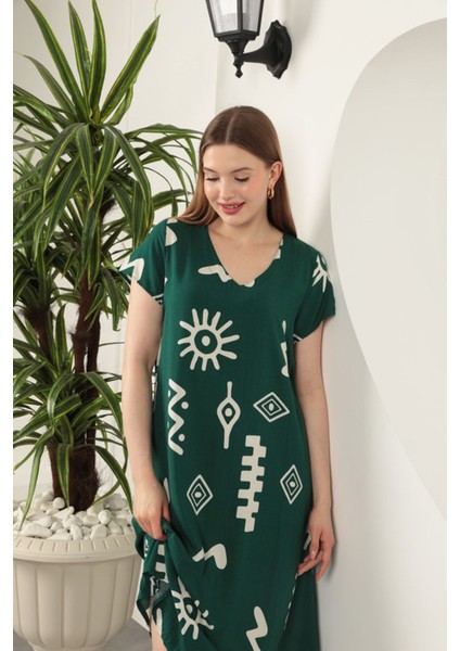 Viskon Kumaş Etnik Elbise-Yeşil indirimleri