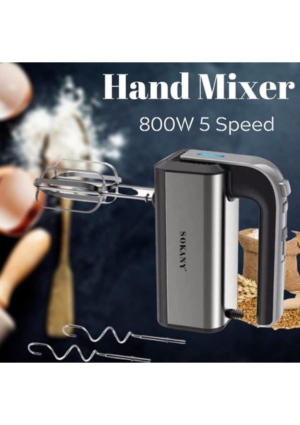 Yüksek Güçlü 800W Paslanmaz Çelik El Mikseri 5 Hız + Turbo, 2 Yoğurma Kancası, 2 Çırpma Teli SK-6651