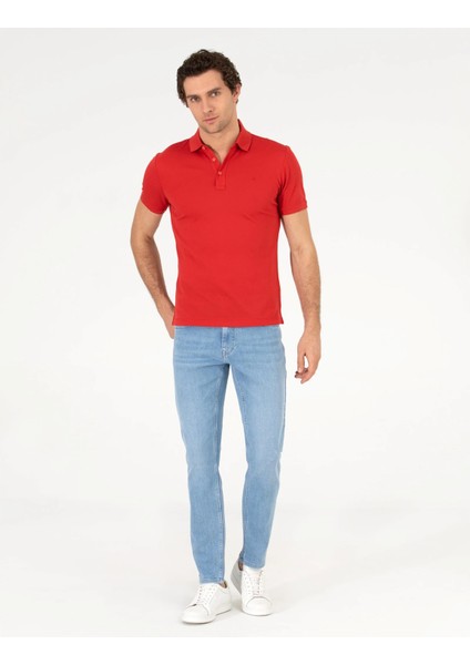 Erkek Polo Yaka Slim Fit Basic T-Shirt-Kırmızı