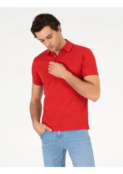 Erkek Polo Yaka Slim Fit Basic T-Shirt-Kırmızı