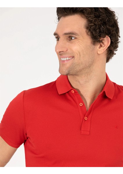 Erkek Polo Yaka Slim Fit Basic T-Shirt-Kırmızı