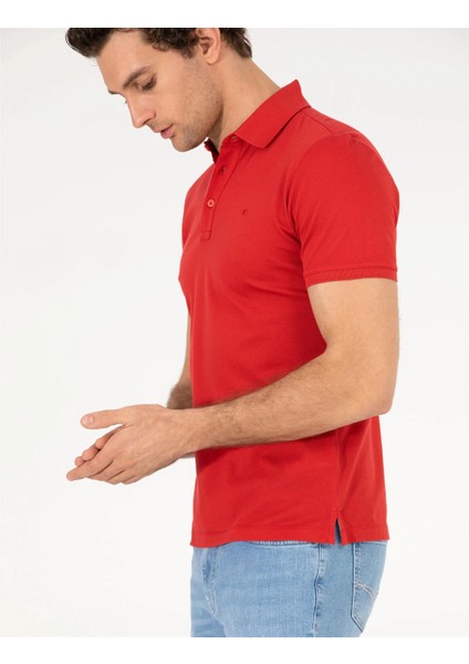 Erkek Polo Yaka Slim Fit Basic T-Shirt-Kırmızı