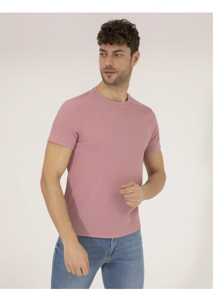 Erkek Slim Fit Dokulu Bisiklet Yaka Tişört-Gül Kurusu