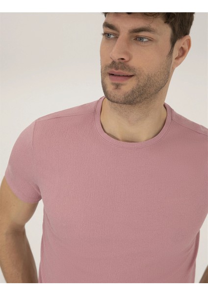 Erkek Slim Fit Dokulu Bisiklet Yaka Tişört-Gül Kurusu fırsatları
