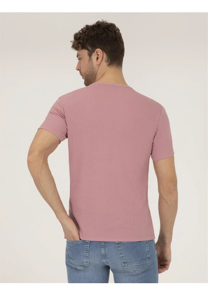 Erkek Slim Fit Dokulu Bisiklet Yaka Tişört-Gül Kurusu indirimleri