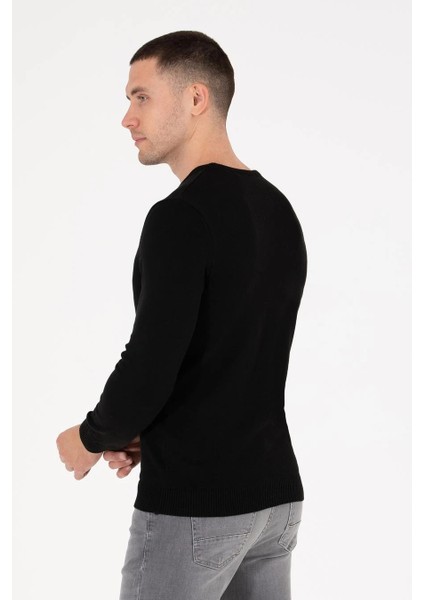 Erkek Slim Fit Basic Kazak - Siyah