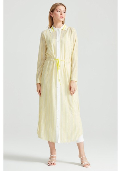 Kadın Sırtı Yazı Detaylı Kroşe Maxi Tunik - Sarı
