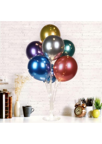 LED Işıklı Süsleme Paketi -2 Adet 7 Li Balon Standı Kırmızı Peri Ledli -14 Adet Renkli Metalik Balon-2 Adet Peri LED Kırmızı