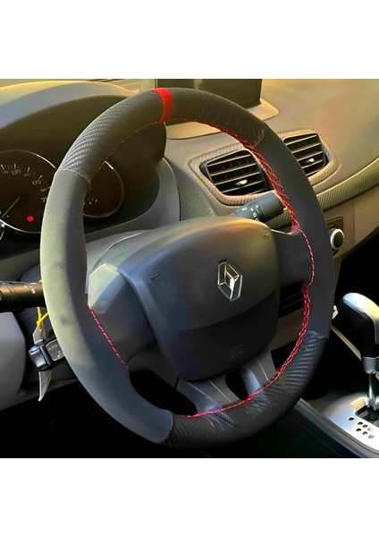 Dikişli Direksiyon Kılıfı Karbon Nubuk Deri Kırmızı Yüzük / Dikişli Renault Fluence Için