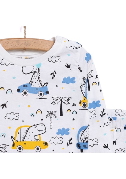 Uzun Kol Bisiklet Yaka Dinazor Desenli Pijama Takımı