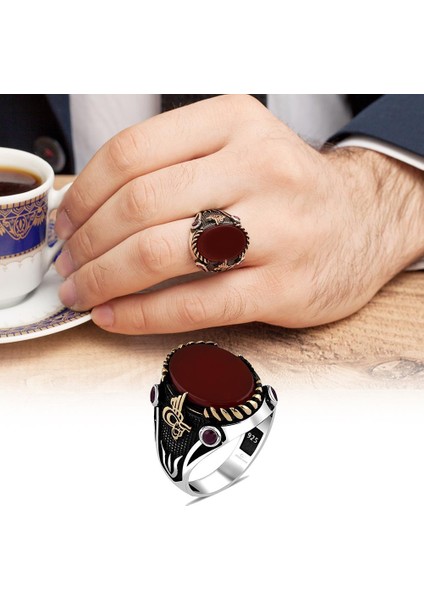 Akik Kırmızı Taşlı Tuğra Desenli 925 Gümüş Erkek Yüzük