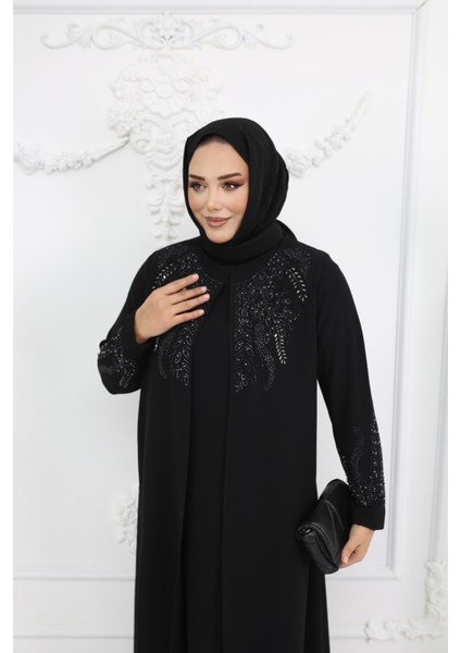 Siyah Taş Işlemeli Büyük Beden Şık Tasarım Kadın Abaya & Elbise - MF-1832