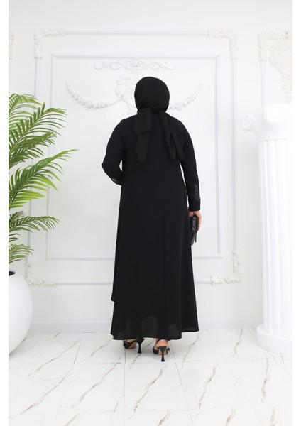Siyah Taş Işlemeli Büyük Beden Şık Tasarım Kadın Abaya & Elbise - MF-1832