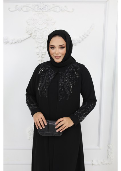 Siyah Taş Işlemeli Büyük Beden Şık Tasarım Kadın Abaya & Elbise - MF-1832