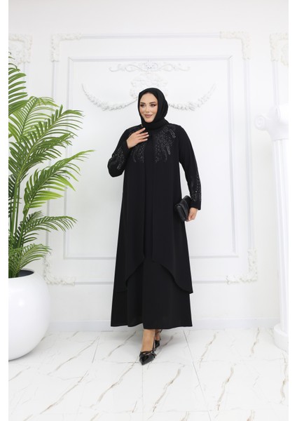 Siyah Taş Işlemeli Büyük Beden Şık Tasarım Kadın Abaya & Elbise - MF-1832