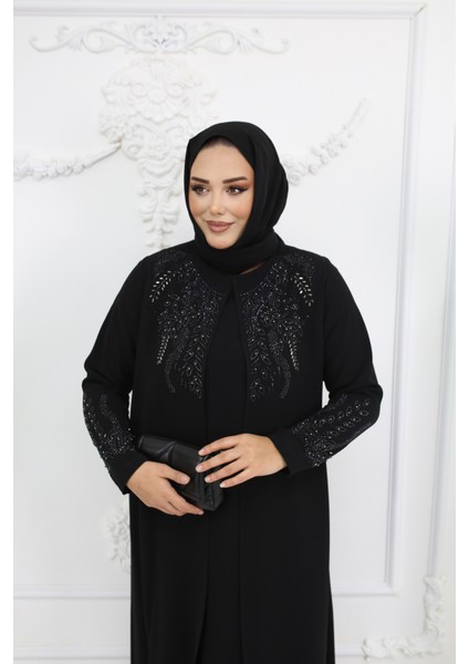 Siyah Taş Işlemeli Büyük Beden Şık Tasarım Kadın Abaya & Elbise - MF-1832