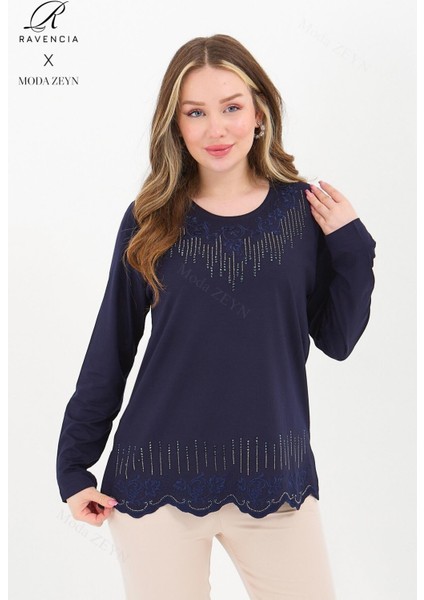 Kadın Orta Yaş ve Üzeri Viskon Damla Desen Taşlı Işlemeli Likralı Lacivert Anne Penye Bluz