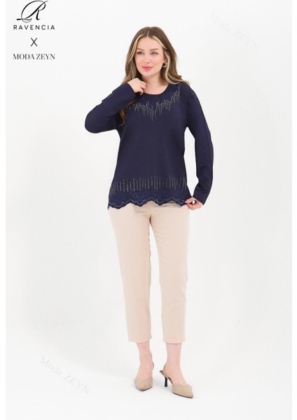 Kadın Orta Yaş ve Üzeri Viskon Damla Desen Taşlı Işlemeli Likralı Lacivert Anne Penye Bluz fiyatları