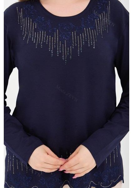 Kadın Orta Yaş ve Üzeri Viskon Damla Desen Taşlı Işlemeli Likralı Lacivert Anne Penye Bluz modelleri