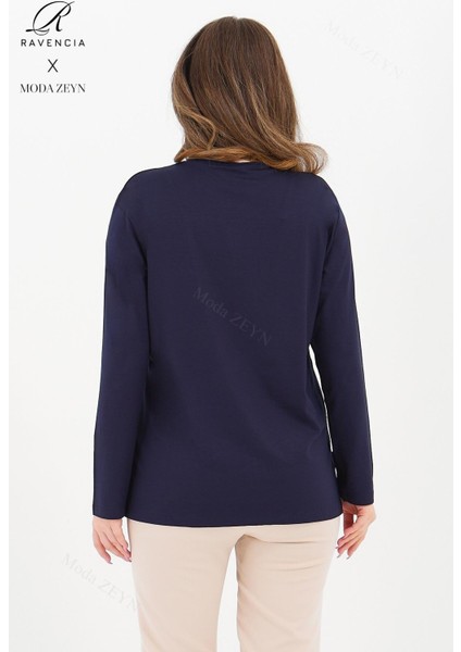 Kadın Orta Yaş ve Üzeri Viskon Damla Desen Taşlı Işlemeli Likralı Lacivert Anne Penye Bluz fırsatları