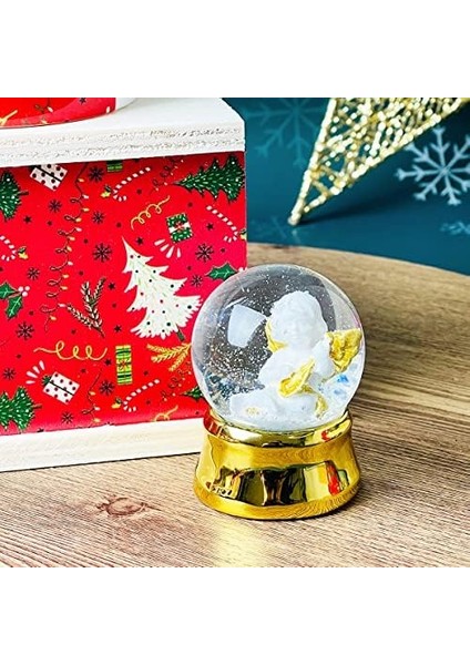 Kırmızı Yeni Yıl Tasarımlı Kutulu Kupa Altınaldızlı Melek Mini Kar Küresi Set