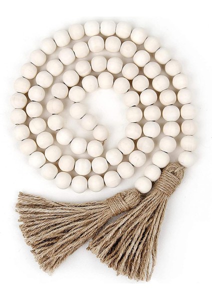 Spring Çiftlik Tarzı Boncuklar Ahşap Boncuklu Püsküllü Garland, Rustik Ülke Dekoru, Dua Boncukları, Boho Duvar Dekorasyonu, 148 cm , Beyaz