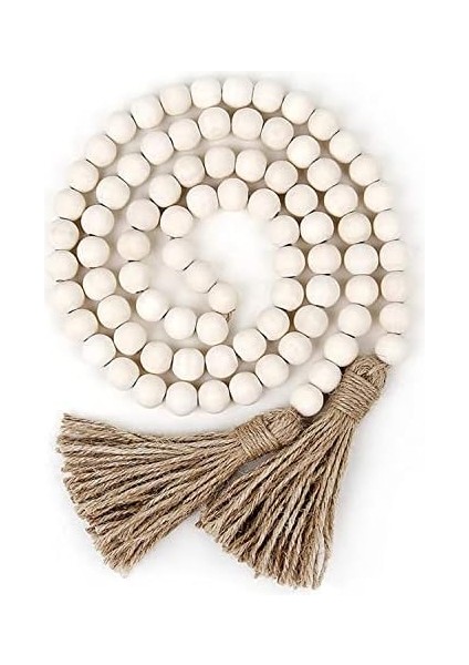 Spring Çiftlik Tarzı Boncuklar Ahşap Boncuklu Püsküllü Garland, Rustik Ülke Dekoru, Dua Boncukları, Boho Duvar Dekorasyonu, 148 cm , Beyaz