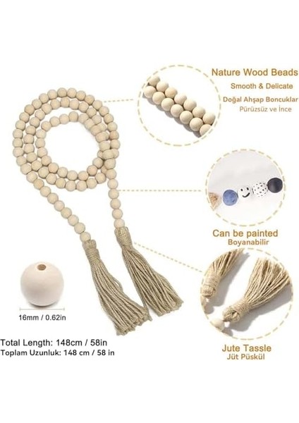 Spring Çiftlik Tarzı Boncuklar Ahşap Boncuklu Püsküllü Garland, Rustik Ülke Dekoru, Dua Boncukları, Boho Duvar Dekorasyonu, 148 cm , Beyaz