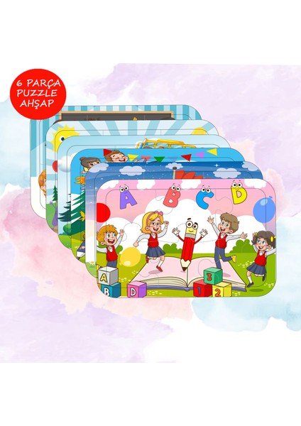 6 Adet 36 Parça Eğlenceli Okul Alfabe Temalı Ahşap Puzzle