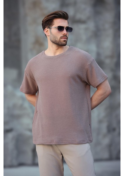Kahverengi Bisiklet Yaka Oversize Erkek T-Shirt E7134