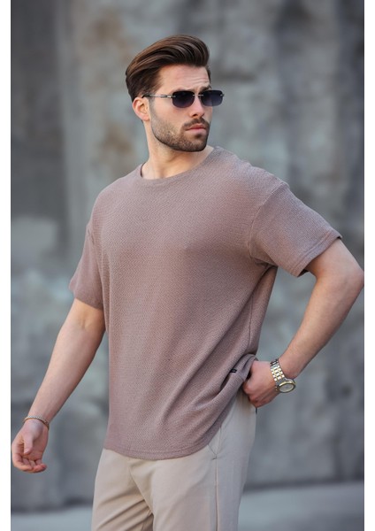 Kahverengi Bisiklet Yaka Oversize Erkek T-Shirt E7134 modelleri