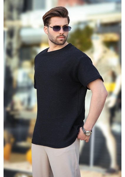 Siyah Bisiklet Yaka Oversize Erkek T-Shirt E7134