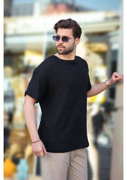 Siyah Bisiklet Yaka Oversize Erkek T-Shirt E7134 fırsatları